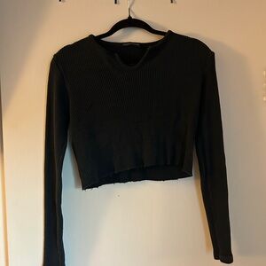 Black Ribbed Long Sleeve Crop Top